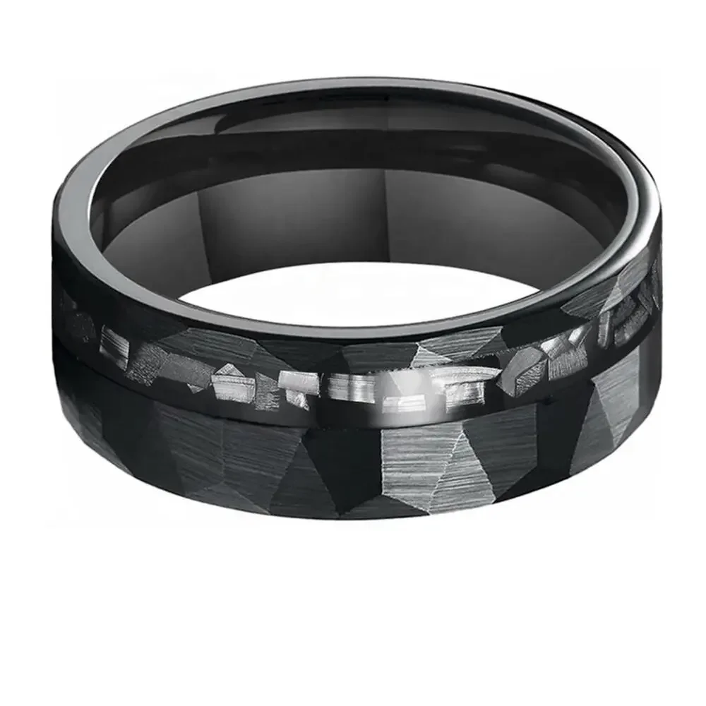 NEW 8mm black hammered meteorite chip men's wedding band ring jewelry sz 9 B22A